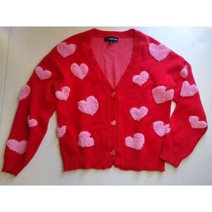 33 Degrees Red Heart Cardigan Pink Sherpa Hearts V-Neck Knit Sweater Womens Med
